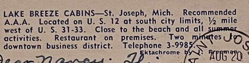 Lake Breeze Motel (Lake Breeze Cabins, Lake Breeze Cabin Court) - Vintage Postcard (newer photo)